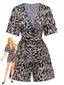Tuta corta marrone anni '40 in raso leopardato con scollo a V