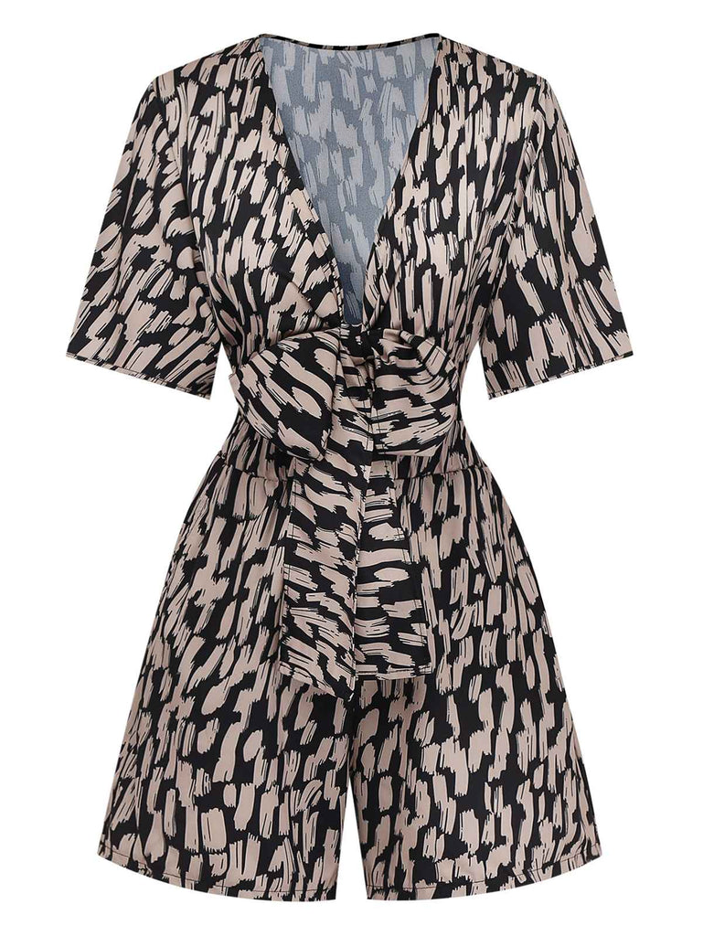 Tuta corta marrone anni '40 in raso leopardato con scollo a V