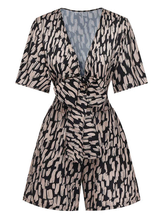 Tuta corta marrone anni '40 in raso leopardato con scollo a V