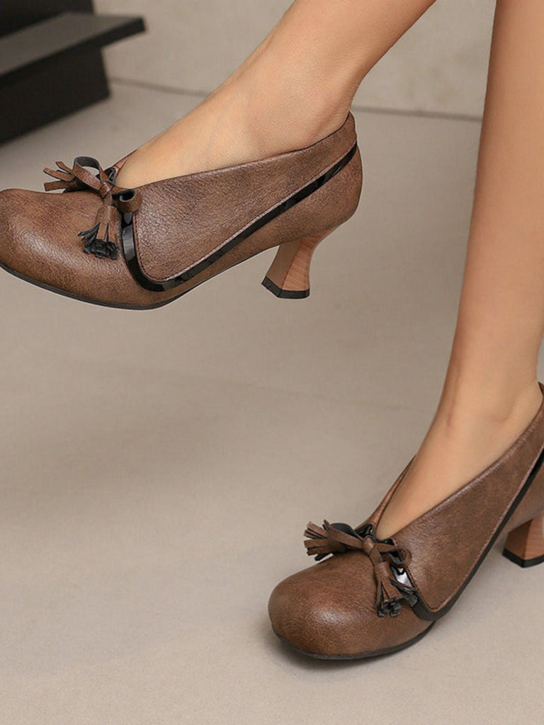 Scarpe con tacco spesso e punta tonda in PU con fiocco