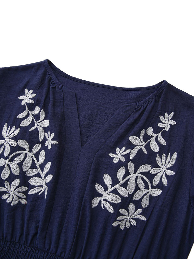 Abito lungo con ricami floreali blu navy anni '70