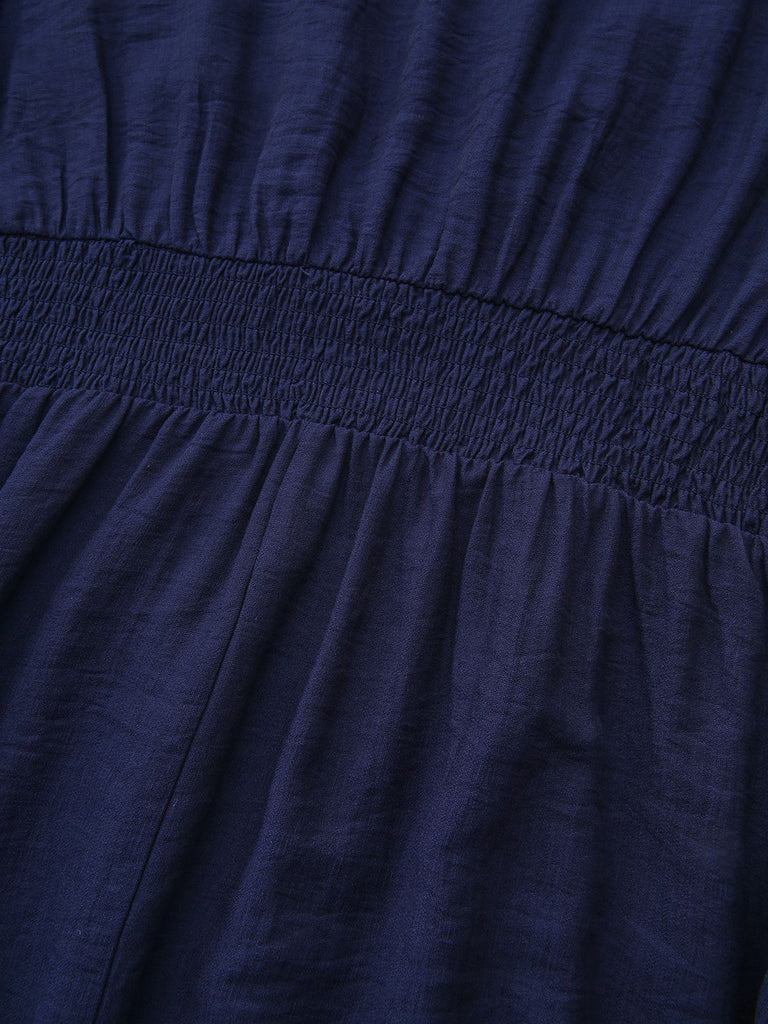 Abito lungo con ricami floreali blu navy anni '70