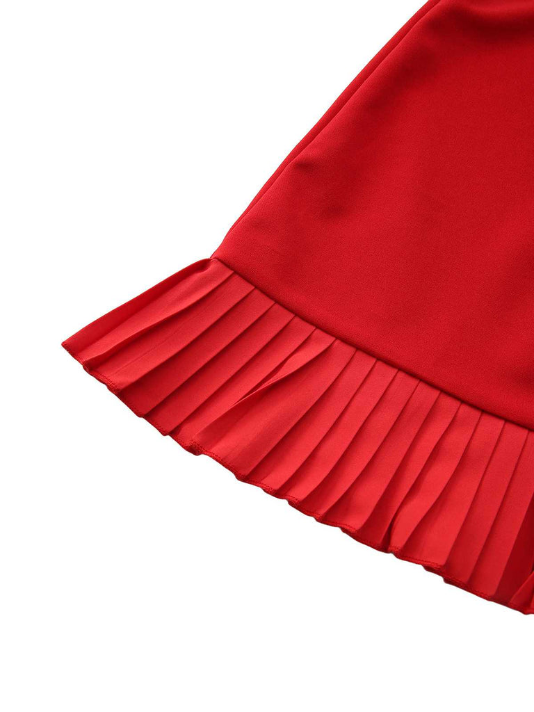Abito senza maniche con fiocco sul collo e orlo arricciato rosso anni '60