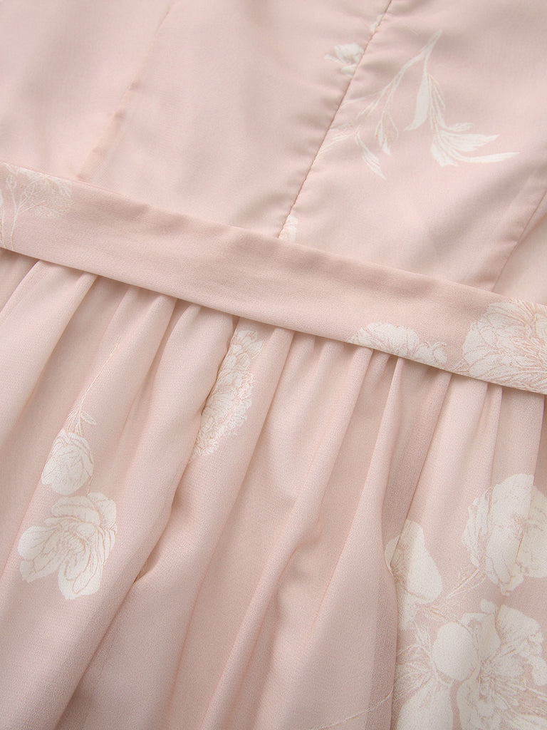 Abito rosa anni '40 senza maniche con scollo a V e cintura