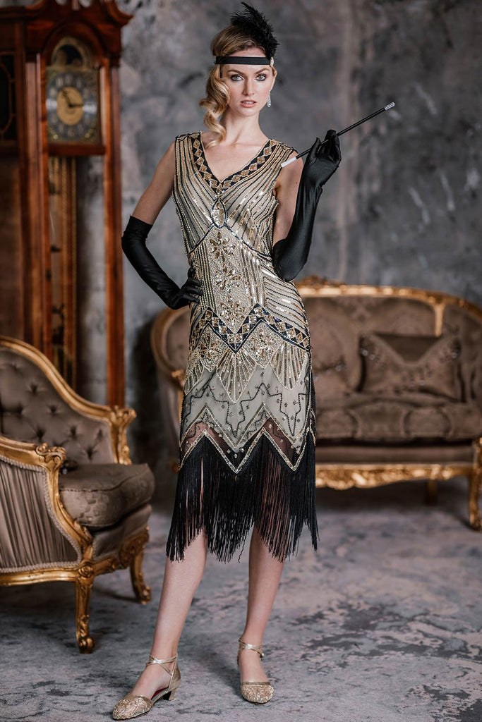 Abito jazz con frange e paillettes verde scuro anni '20