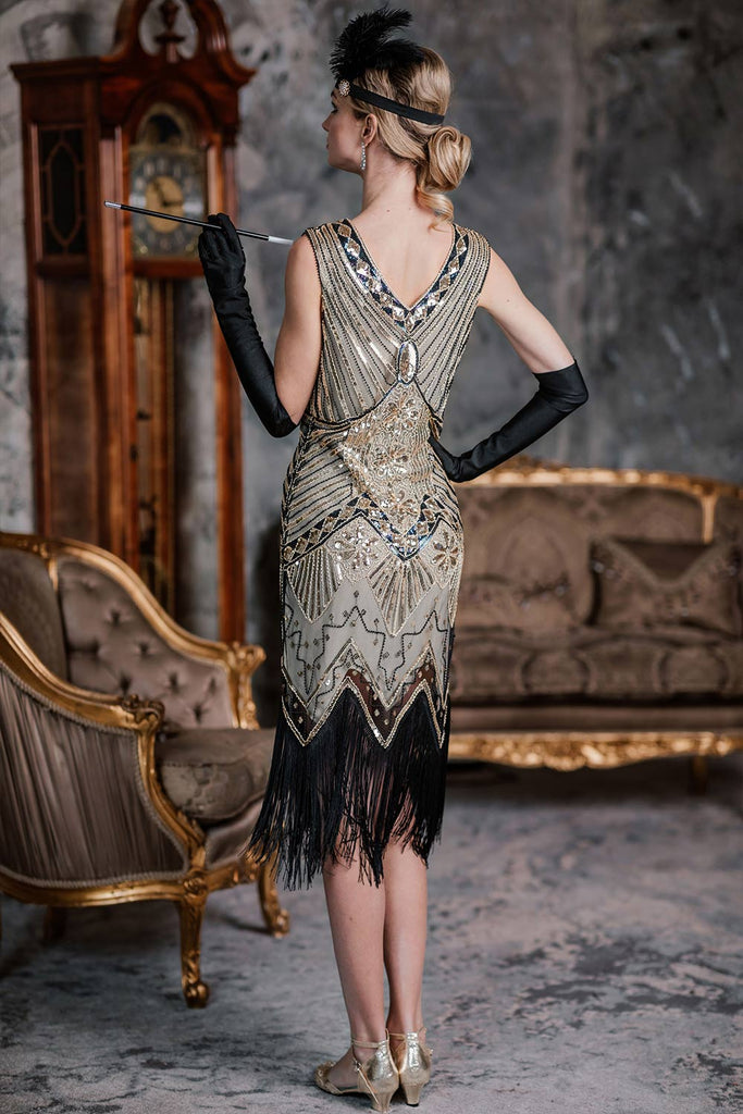 Abito jazz con frange e paillettes verde scuro anni '20