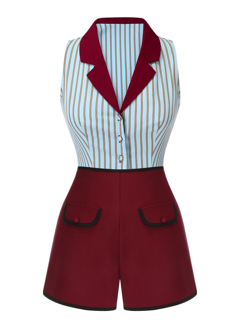 2PCS Camicetta a righe blu e pantaloncini rosso anni '50