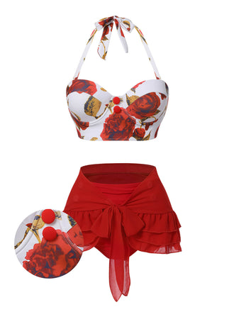 2PCS Costumi scollo a V gonna copricostume rose rosse anni '60