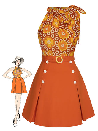 2PCS Top floreale scollo a cravatta e gonna bottoni anni '60