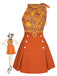 2PCS Top floreale scollo a cravatta e gonna bottoni verde anni '60