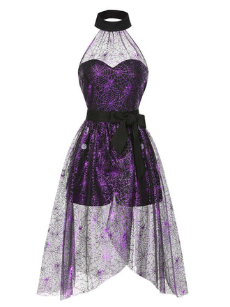 2PCS Tuta corta e gonna a rete a ragnatela nero e viola anni '50