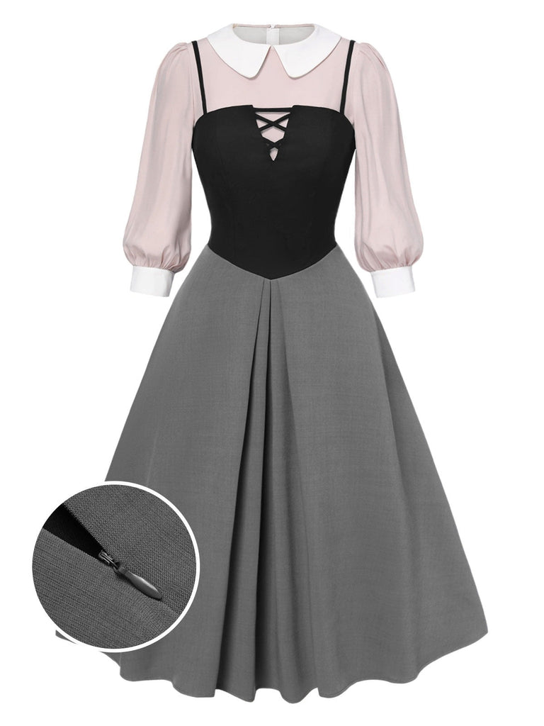 2PCS Camicetta rosa e abito grigio colorblock anni '40