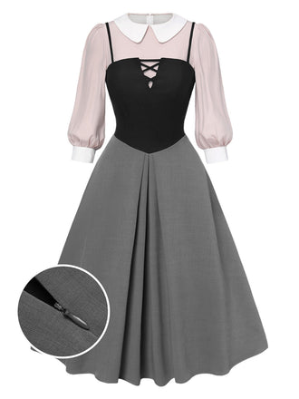 2PCS Camicetta rosa e abito grigio colorblock anni '40