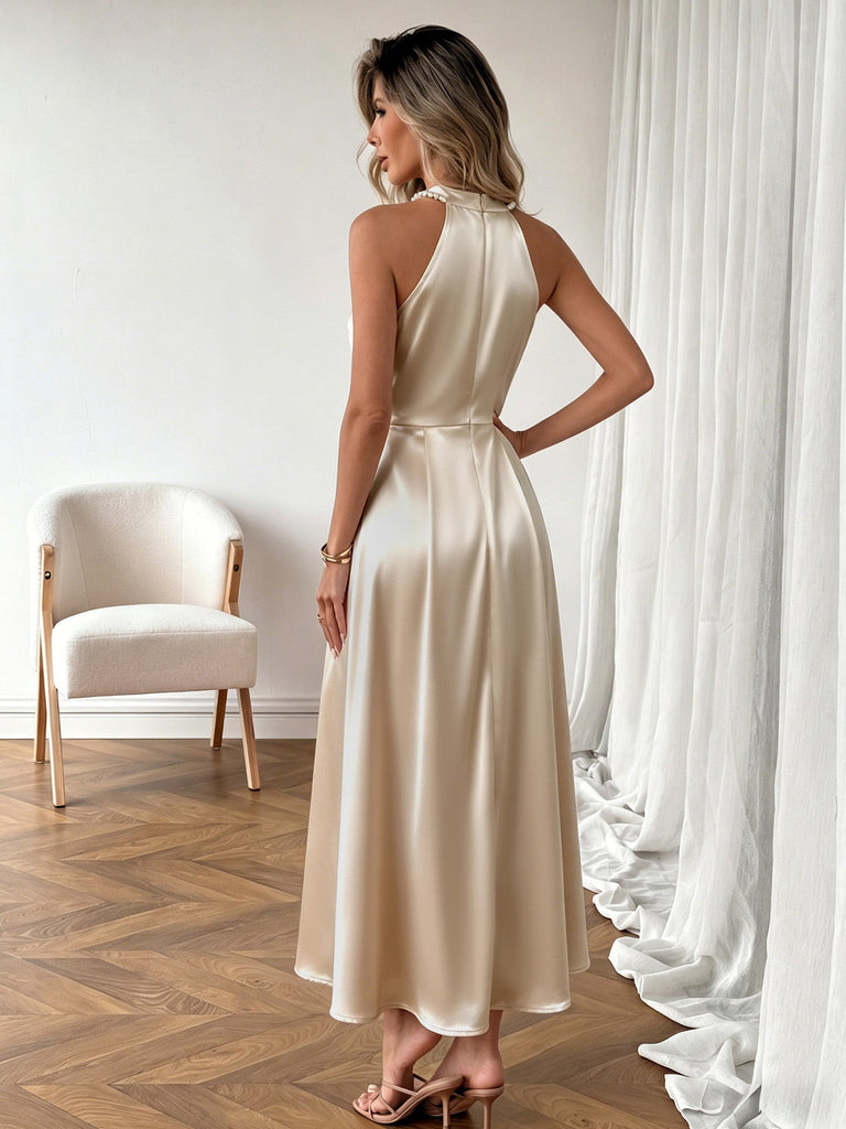 Champagne 1950s Satin Halter Sleeveless Dress 4