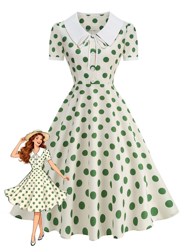 Abito Svasato Colletto alla Peter Pan Bicolore a Pois Anni '50