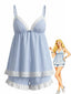 Completo pigiama babydoll blu anni '60 a righe sottili con bordo in pizzo