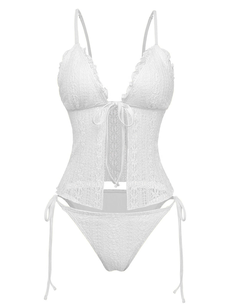 Completo-tankini-bianco-anni '40-in-pizzo-in-tessuto-a-doppio-strato