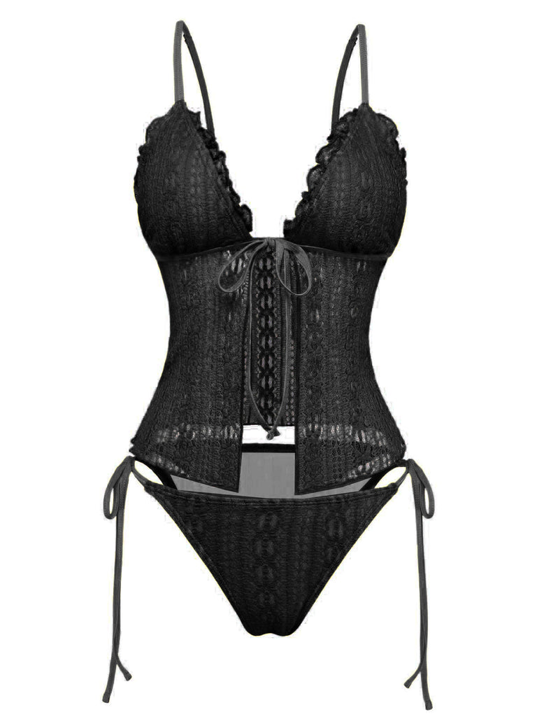 Completo-tankini-nero-anni '40-in-pizzo-in-tessuto-a-doppio-strato