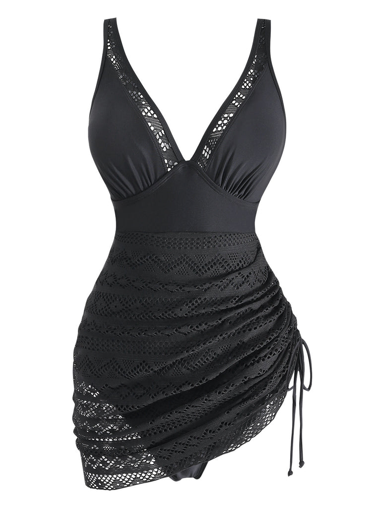 Costumi-Intero-Nero-Anni '50-in-Pizzo-con-Scollo-a-V-Arricciato