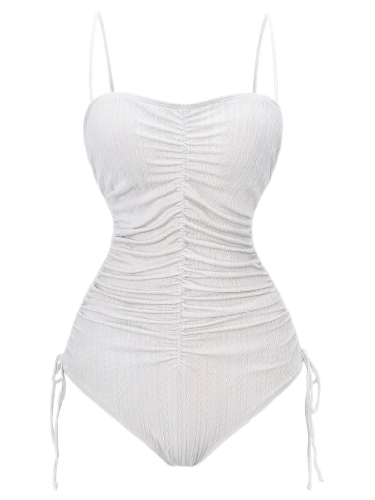 Costumi-Intero-bianco-Anni '40-Tinta-Unita-Arricciato-con-Spalline-Sottili 