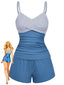 Costumi intero blu anni '40 a righe con tasche arricciate