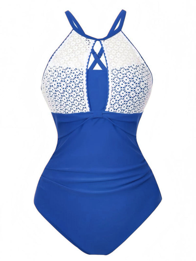 Costumi-intero-blu-anni '40-in-pizzo-con-scollo-all'americana