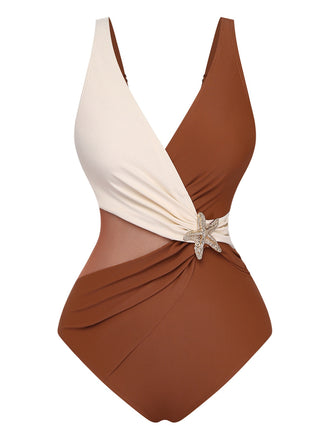 Costumi-intero-cachi- anni '50-stella-marina-con-scollo-a-V