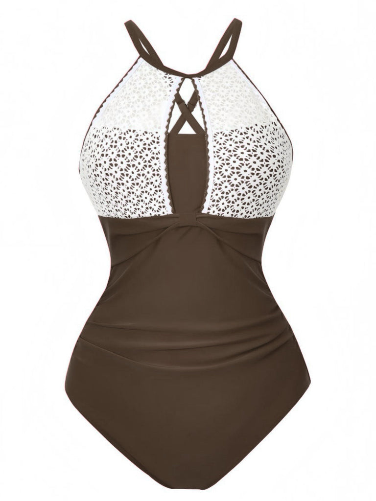 Costumi-intero-marrone-anni '40-in-pizzo-con-scollo-all'americana