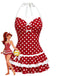 Modello di costume da bagno intero con fiocco e scollo all'americana a pois rossi anni '40