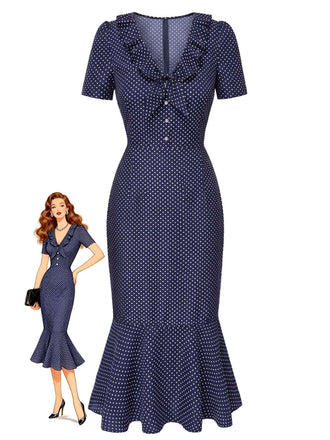 Navy blue polka dot dress with a model wearing it on a white background