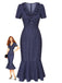 Navy blue polka dot dress with a model wearing it on a white background