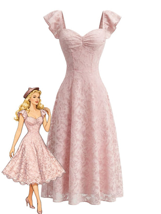 [Pre-Vendita] Abito a Collo Cuore in Pizzo Jacquard con Maniche a Volant Rosa Anni '50
