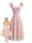 Abito Rosa Anni '50 Jacquard in Pizzo con Scollo a Cuore e Maniche a Volant