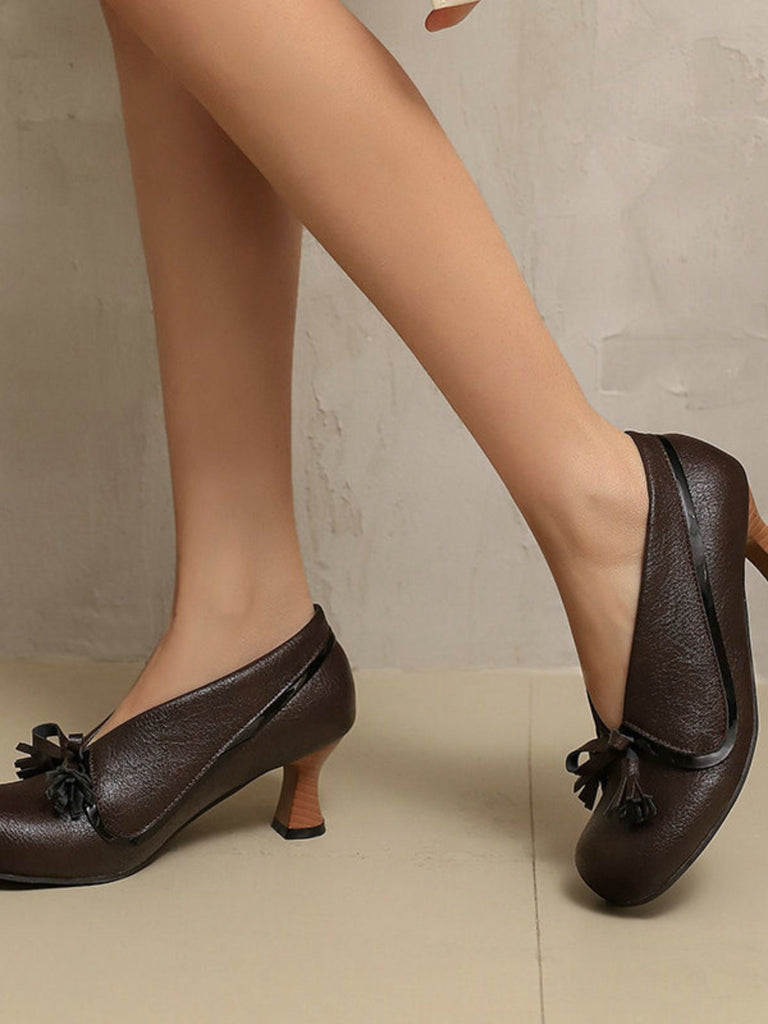Scarpe con tacco spesso e punta tonda in PU con fiocco