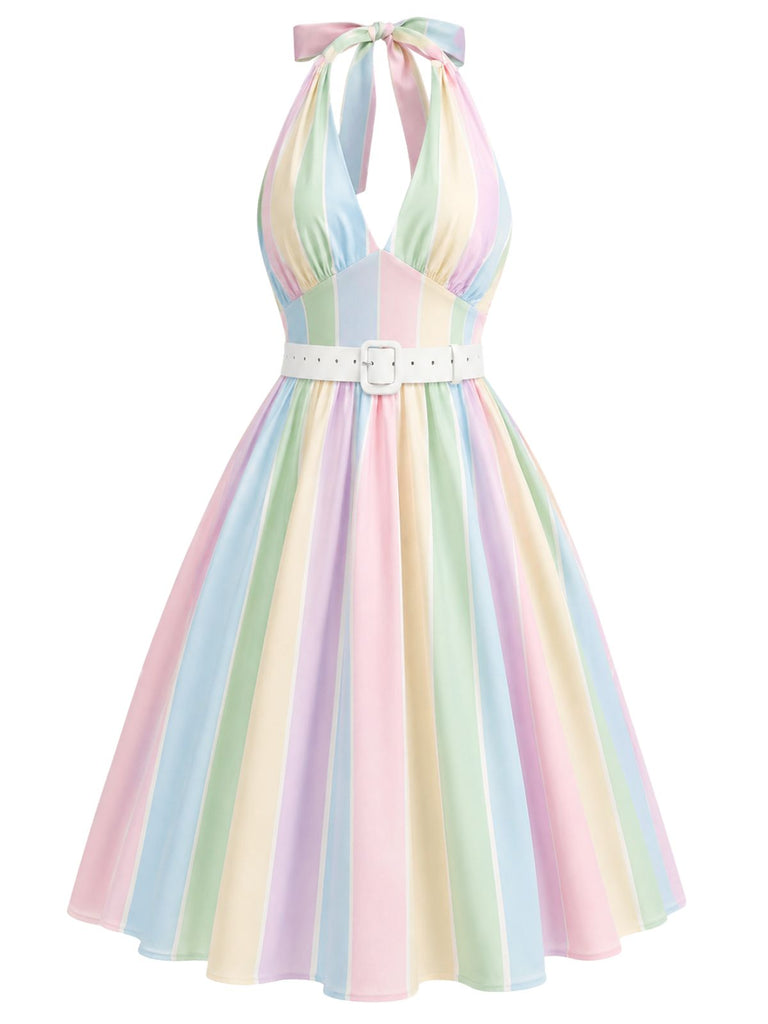 [Prevendita] Abito arcobaleno anni '50 a righe con scollo all'americana e cintura