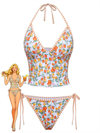 [Prevendita] Set Tankini Arancione Anni '50 con Limoni e scollo all'americana
