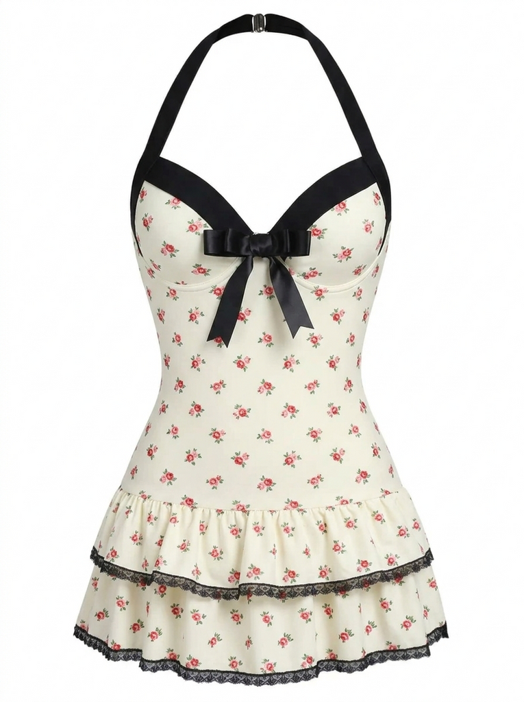 Costumi intero fiocco a pois beige anni '40