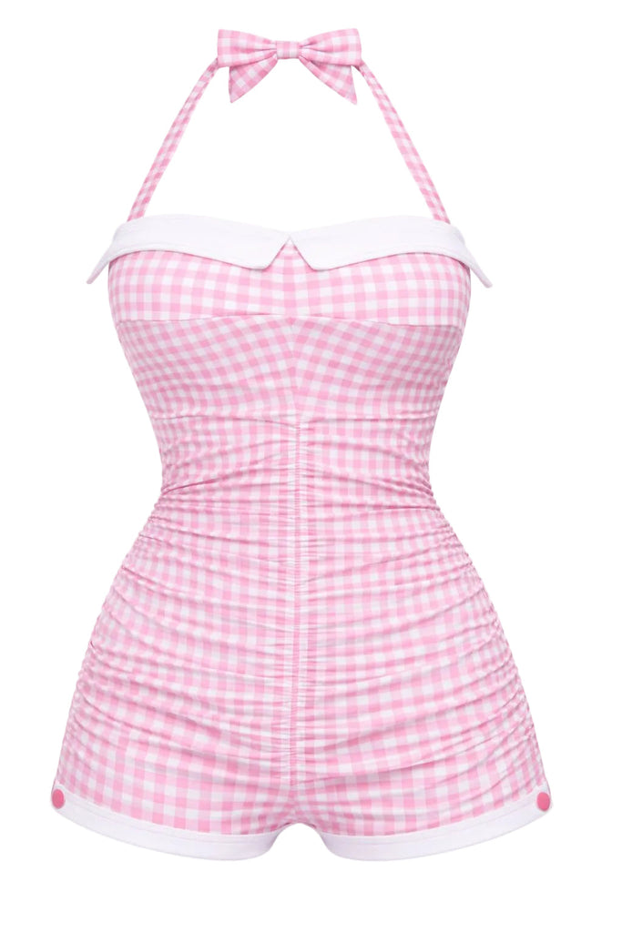 Gingham 1950s Halter Bowknot One-piece Swimsuit a?? vintage elegance for the modern woman