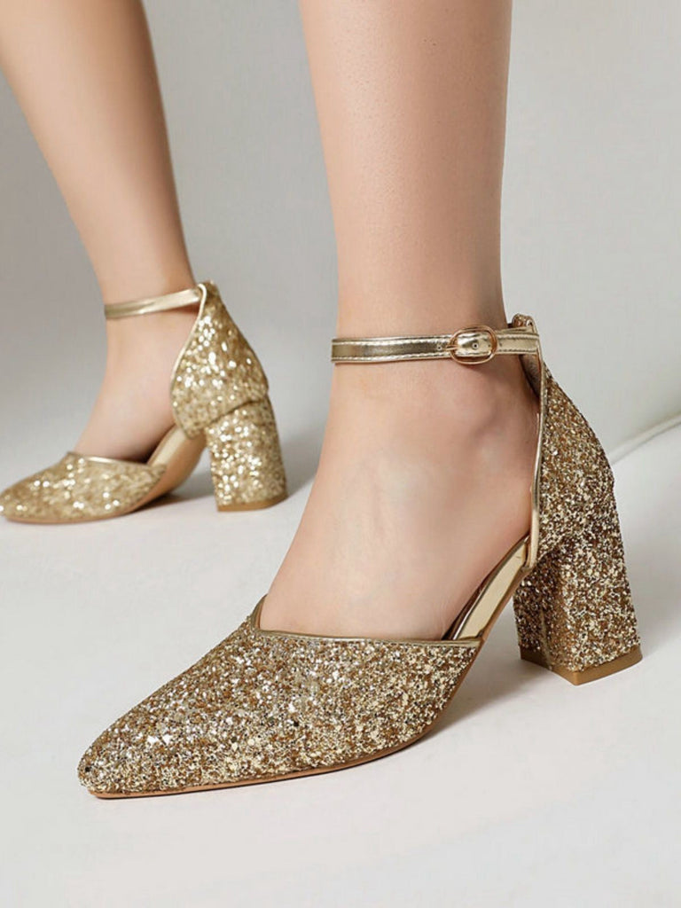 Décolleté a Punta con Glitter e Tacco Largo