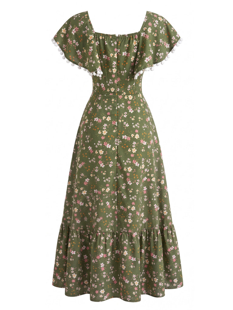 Green 1940s Floral Square Neck Swing Dress 2