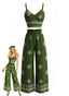 2PCS Top Verde Anni '70 a Spalline Sottili Floreale con Pantaloni