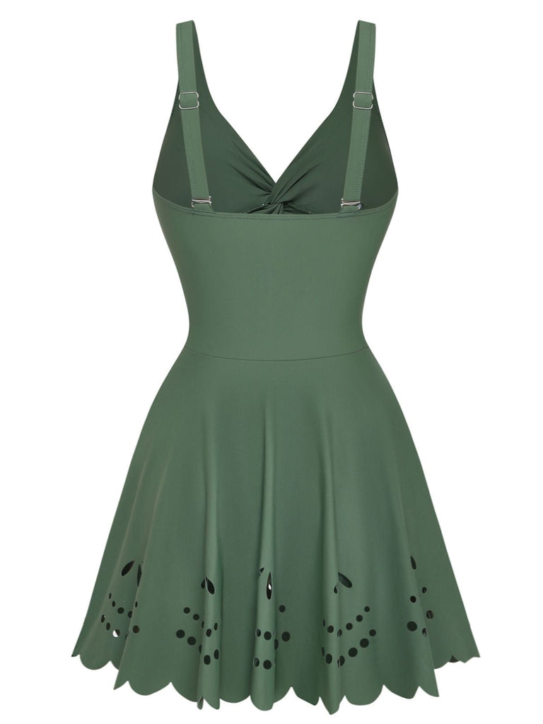 Costume con Gonna Tinta Unita Twist Front Hollow One-Piece Anni '30 7