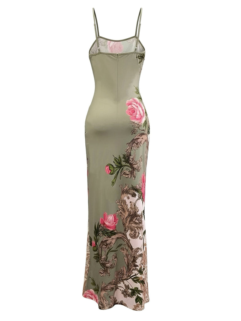 Green dress with floral patterns on a white background