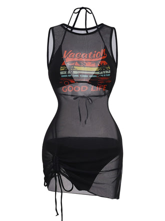 3PCS Nero Bikini con Stampa Vacanze Rete e Copricostume