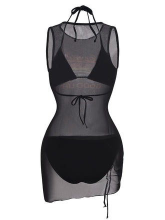 3PCS Nero Bikini con Stampa Vacanze Rete e Copricostume