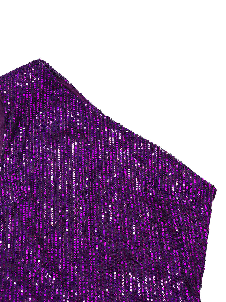 Tuta lunga monospalla con paillettes viola anni '70
