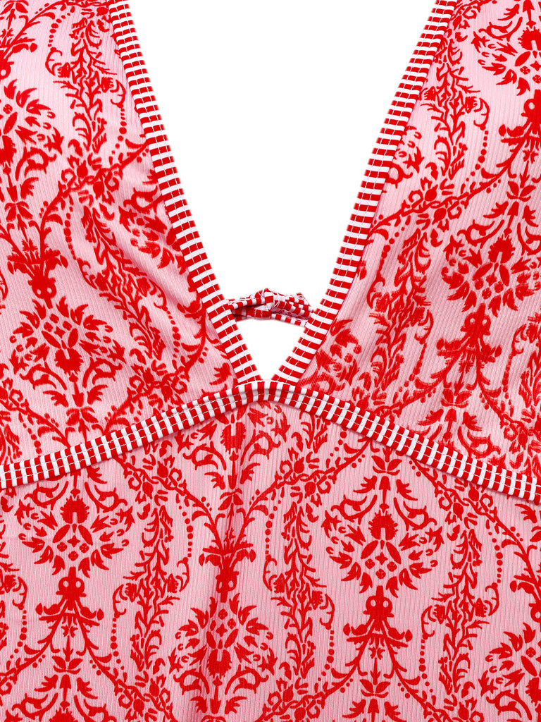 Costumi intero con stampa barocche scollo a V rosso anni '70