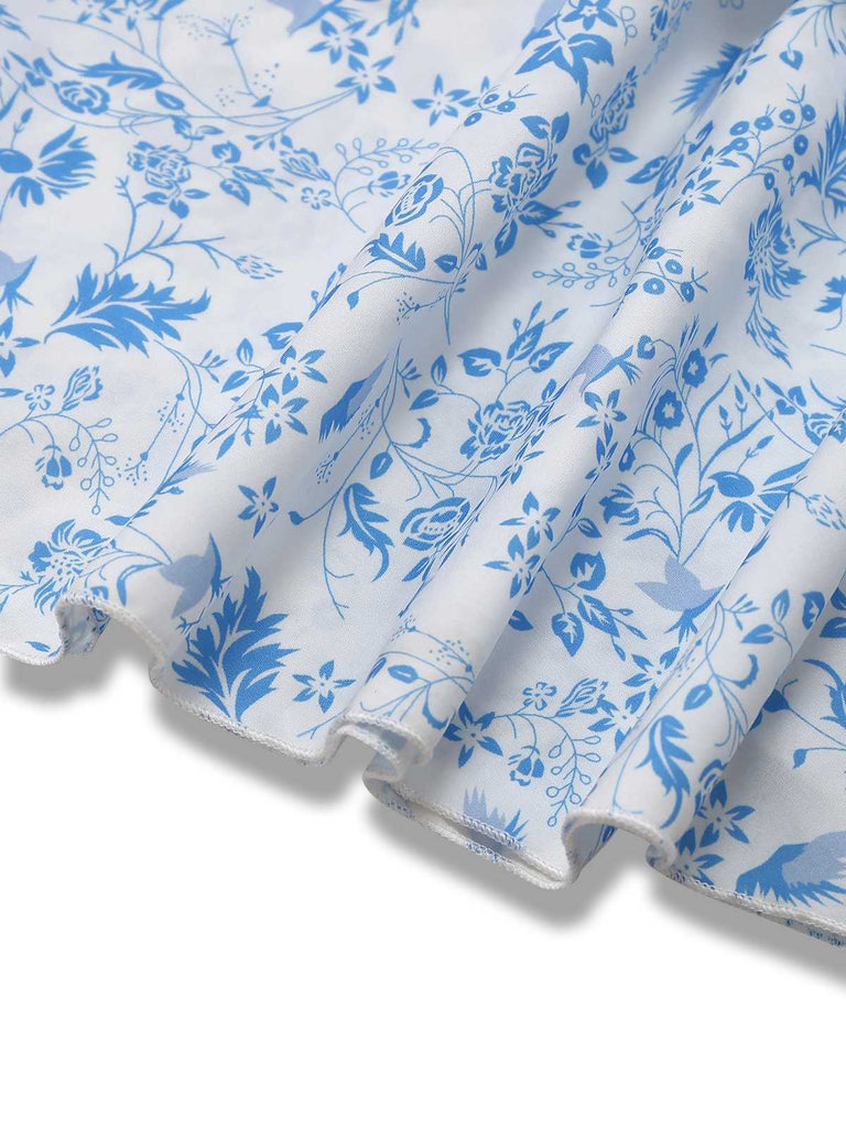 Abito a balze floreale con spalline sottili blu anni '70