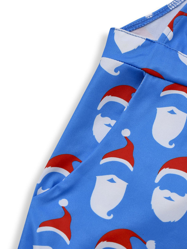 Tuta lunga con stampa di Babbo Natale blu anni '60