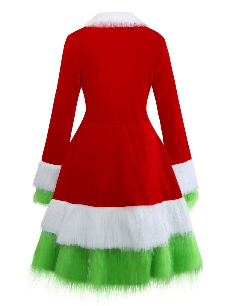 Abito con bordi in pelliccia del Grinch di Natale rosso anni '40